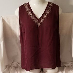 wine colored v neck silk top w/neck detail